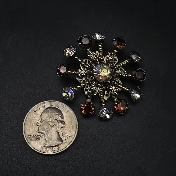 Brown Aurora Borealis Rhinestone Brooch Starburst Pinwheel Vintage - Picture 2 of 5